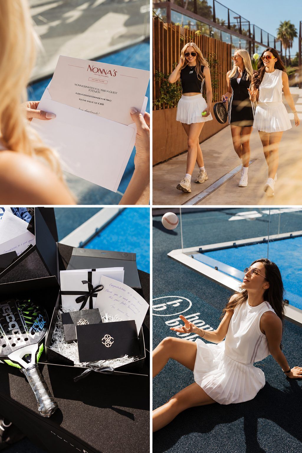 Collage showcasing tournament prizes and players wearing PALAIR clothing at the Homerun Brokers padel tournament in Marbella.