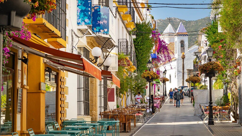 Charming street in Marbella Old Town with whitewashed buildings and flowers