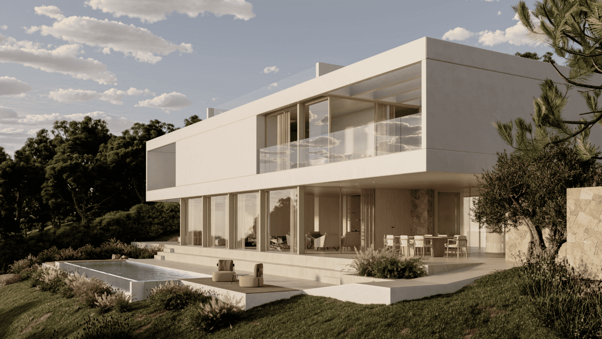 Modern luxury villa terrace in Mallorca with panoramic sea views.