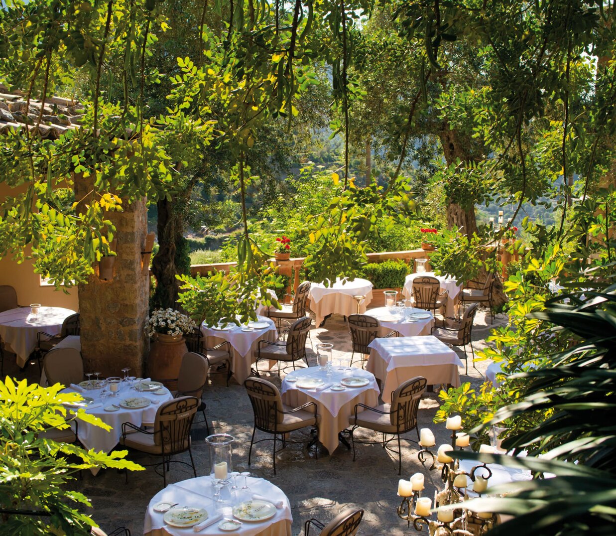 Fine dining experience at El Olivo restaurant showcasing Mediterranean lifestyle and cuisine with scenic views of Mallorca.