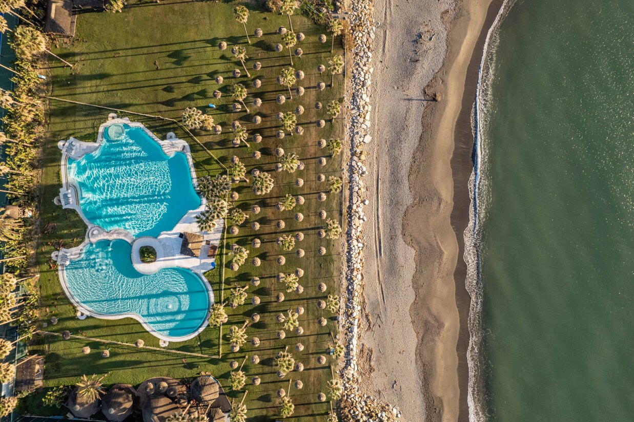 Aerial view of Sotogrande coastline and beach along the Mediterranean Sea in Cádiz.