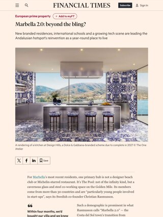 Headline ‘Marbella 2.0: beyond the bling?’ featuring the Homerun Brokers logo and a luxury interior design.