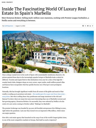 Article titled ‘Inside the Fascinating World of Luxury Real Estate in Spain’s Marbella’ featuring Homerun Brokers and a photo of a luxury villa, published in Luxury Lifestyle Magazine, UK.