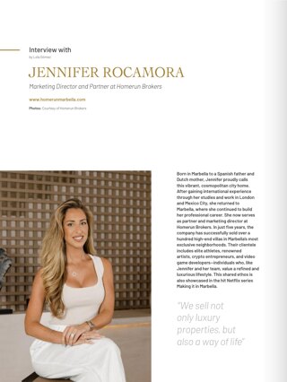 Interview feature with Jennifer Rocamora, Marketing Director and Partner at Homerun Brokers, in Design Marbella magazine, Spain.