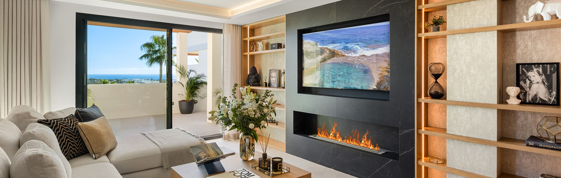 The custom-made bookshelf in the living room of Maison Montaigne, developed by Homerun Developments and sold by Homerun Brokers