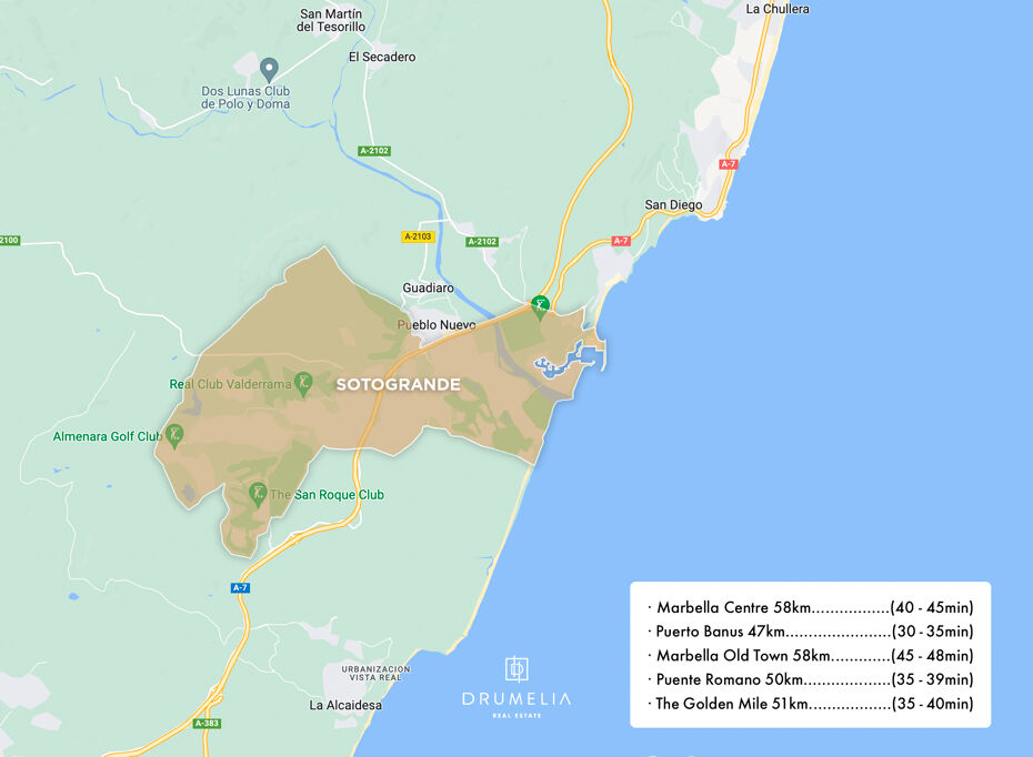 Photographie d'une carte de Sotogrande mettant en évidence la zone générale sur une carte