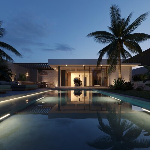 Villa Nusa. Modern villa in Marbella at dusk, featuring a sleek open-plan design, illuminated pool, and tropical palm trees reflecting on the water.