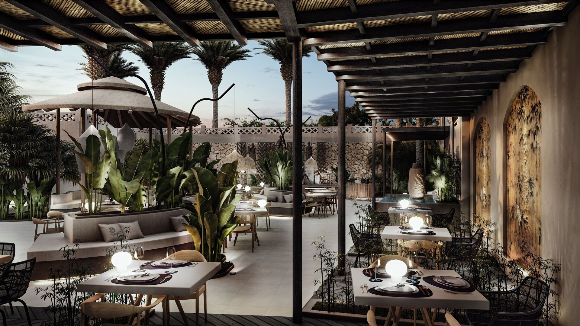 Namis Restaurant, an elegant open-air dining space with a tropical ambiance, featuring lush greenery, warm lighting, and a blend of natural textures in a sophisticated setting