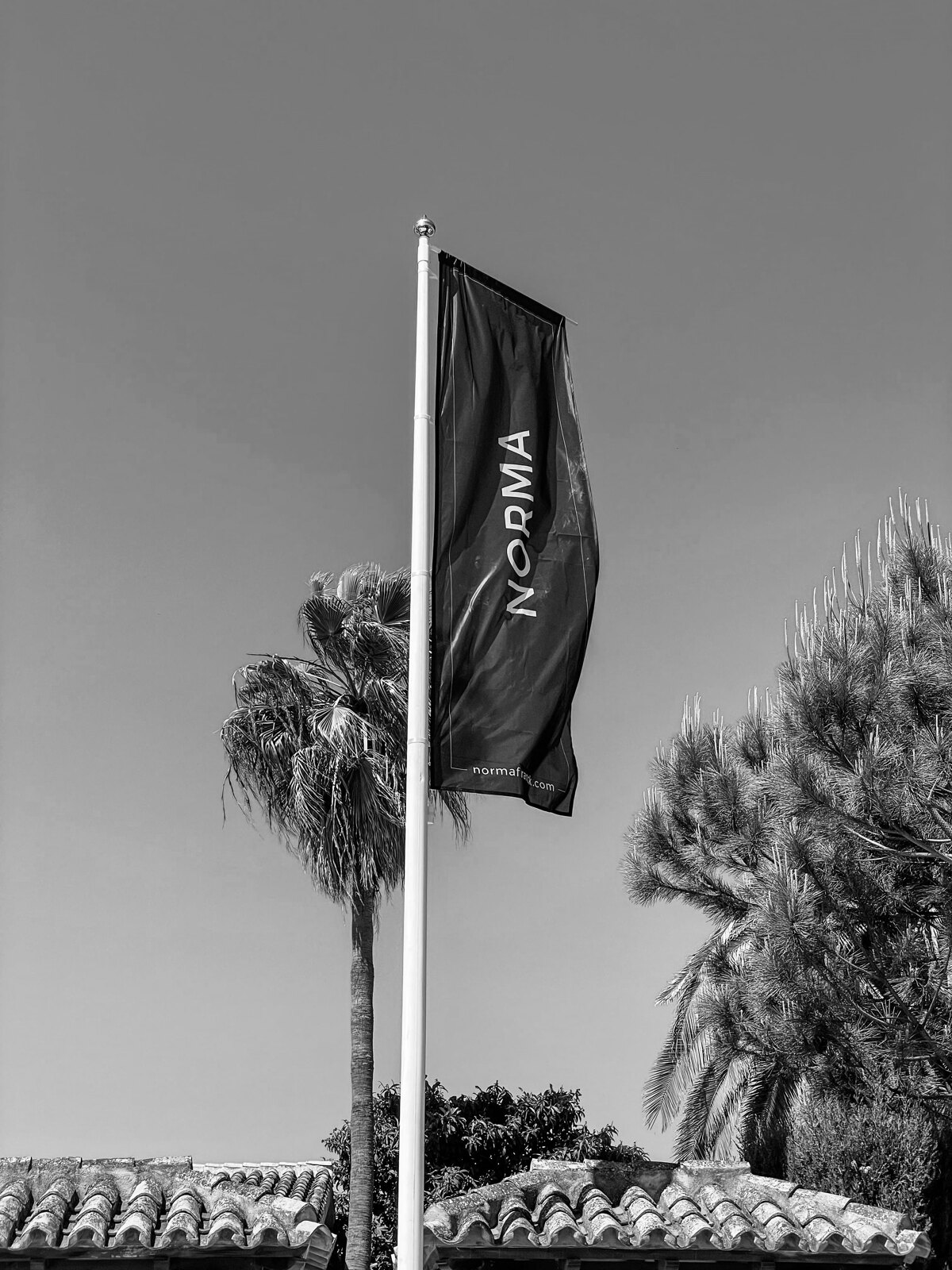 Black Norma Franck flag waving on a tall pole, set against a clear sky with palm trees and Mediterranean roof tiles in Marbella.