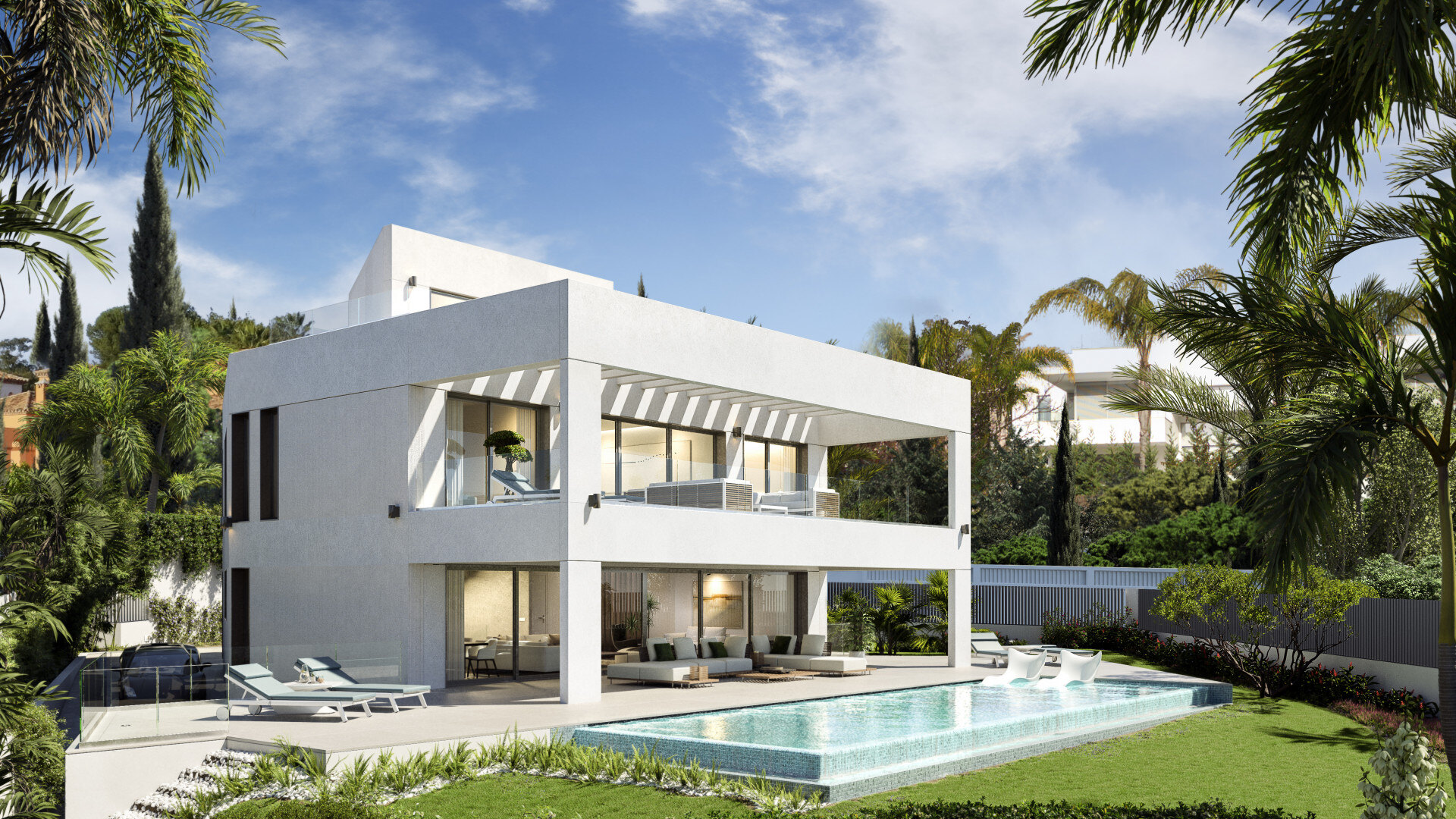 A modern villa in Guadalmina with a sleek, minimalist design. The house features large glass windows, a private pool, and a well-maintained garden surrounded by palm trees. The house's terrace overlooks the pool area.