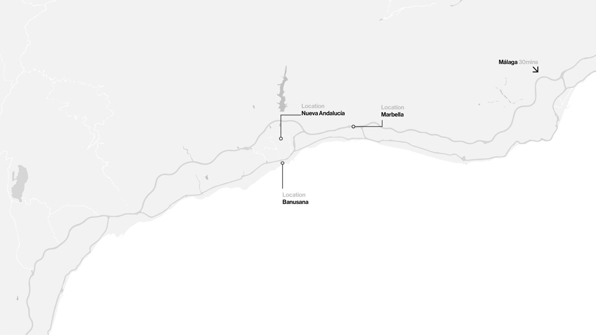 Map showing Banusana’s location near Nueva Andalucía and Marbella, with Málaga Airport marked to the northeast.