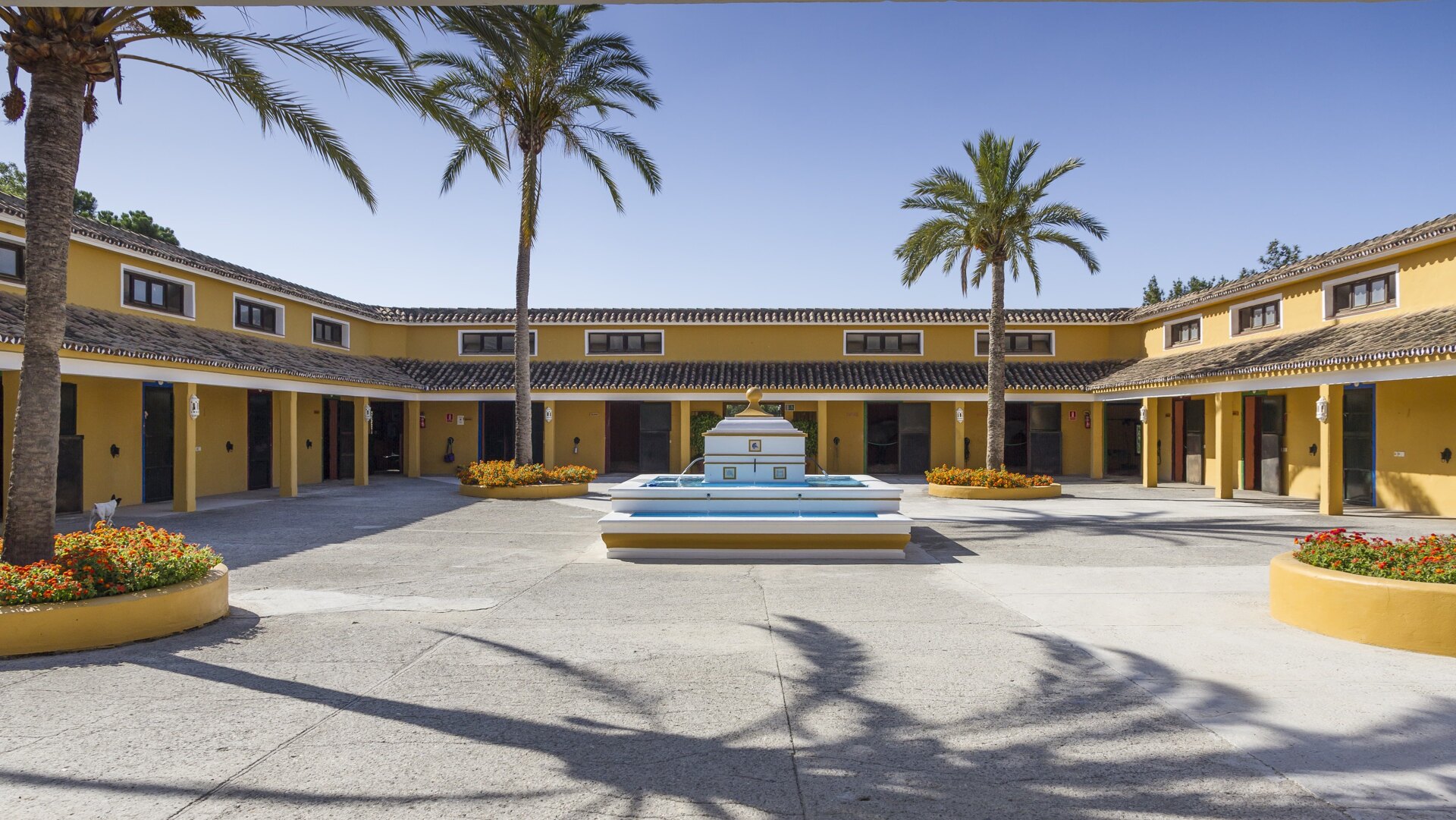 Elegant equestrian stables at La Zagaleta, featuring a central fountain, palm trees, and a traditional Spanish-style courtyard bathed in sunlight.