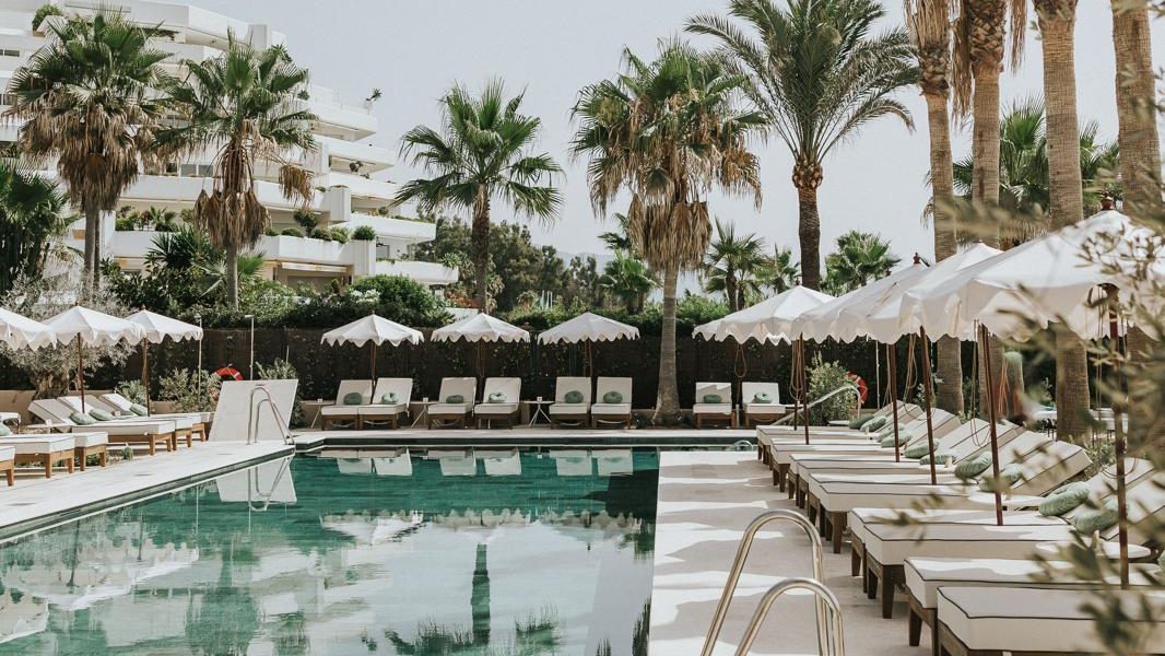 Barbillón Marbella poolside with sun loungers, white umbrellas, and lush palm trees, creating a tropical oasis.