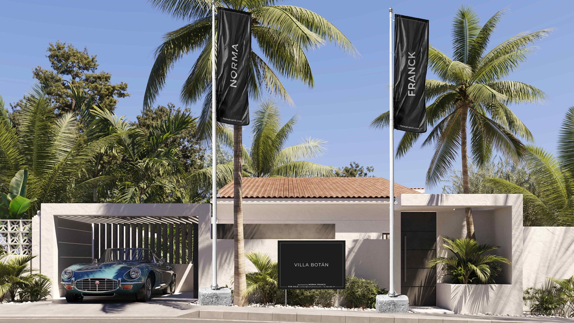 Modern villa entrance framed by lush palm trees, with Norma Franck flags and a classic Jaguar parked under a sleek pergola. A refined blend of contemporary design and tropical elegance.