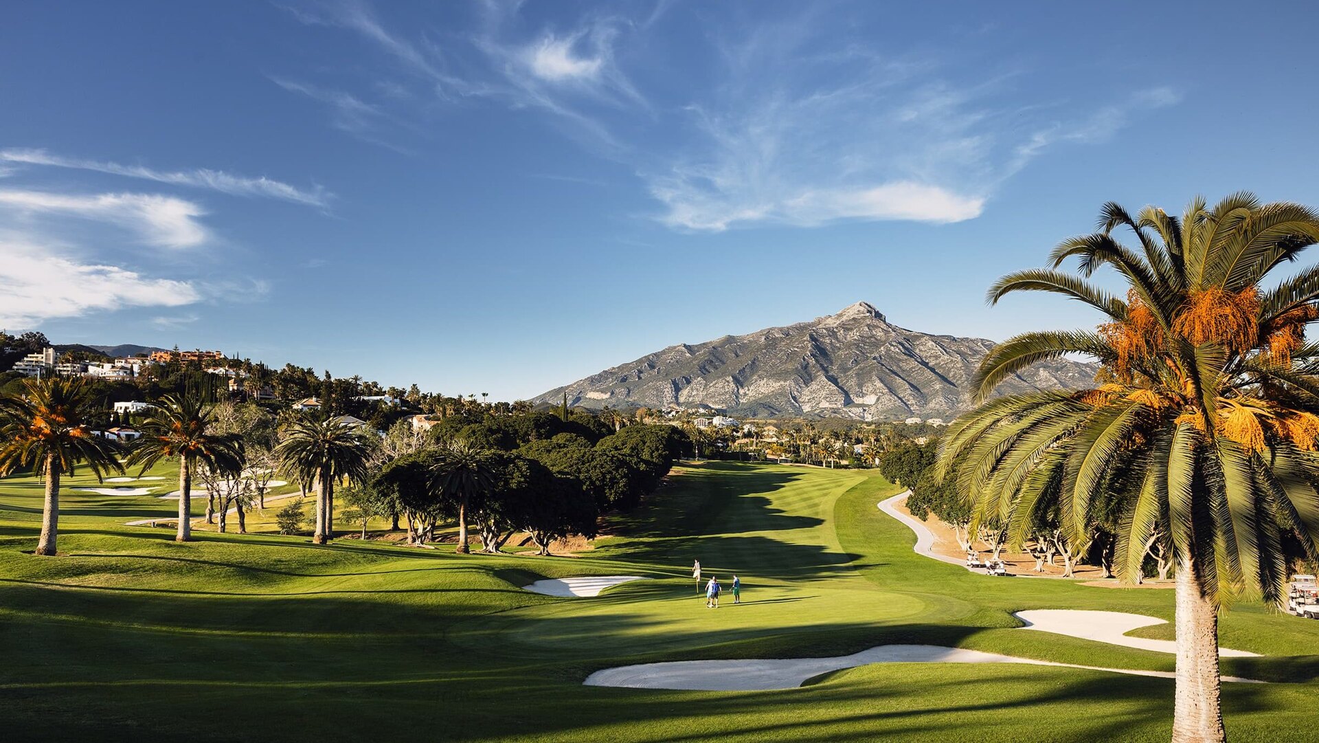 A panoramic view of Los Naranjos Golf, with lush green fairways, sandy bunkers, palm trees lining the course, and the majestic La Concha mountain towering in the background.