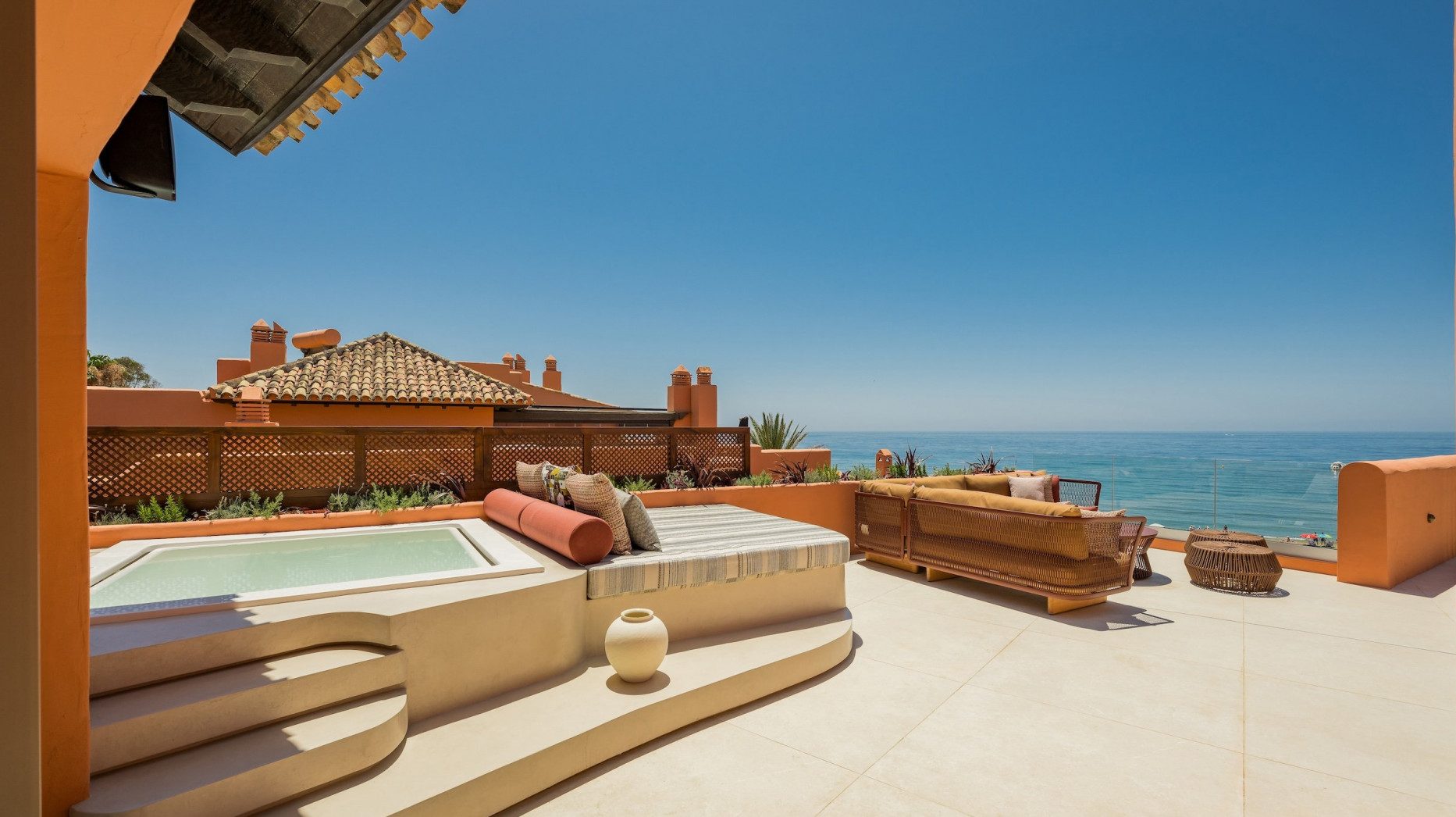 Elegant terrace in Los Monteros with a private plunge pool, Mediterranean-inspired seating, and uninterrupted sea views.