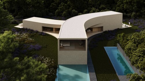 Los Altos de Valderrama. Architectural villa in Marbella with a sculptural curved design, surrounded by lush greenery and featuring an infinity pool blending into the landscape.