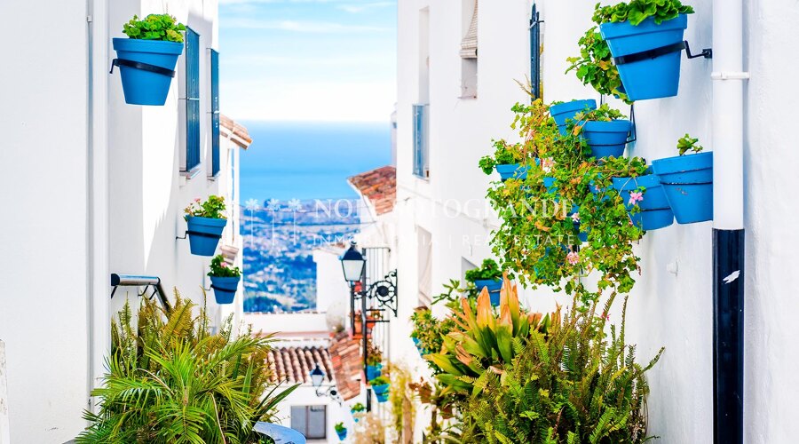 Picturesque street of Mijas with flower pots in facades