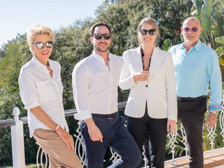 Stephanie Noll, Jorge Martí, Camila Schüler, Charles Gubbins at a sunny terrace from a Sotogrande Luxury Villa For Sale