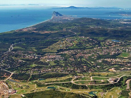 Drone view of Sotogrande, Gibraltar and Cadiz. Affordable development in Sotogrande