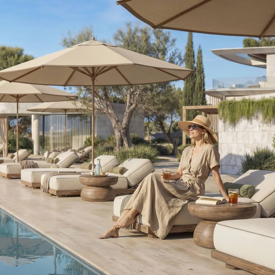 Azurean Marbella exterior pool with a woman on a sunbed