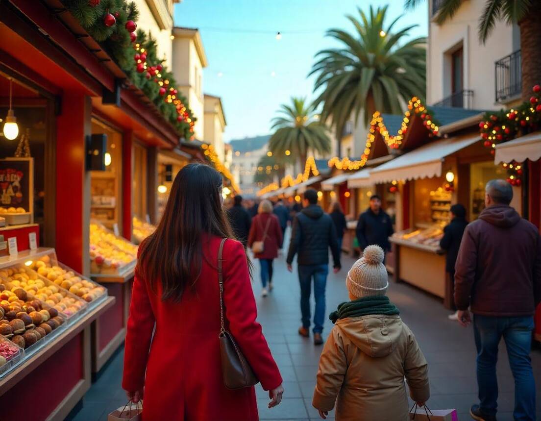 Mother and son at a Christmas market in Marbella