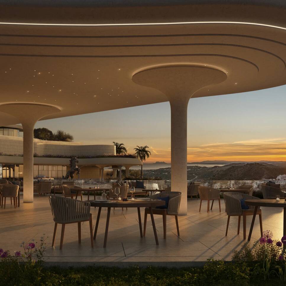 Sunset view from the signature restaurant terrace at Azurean Marbella, part of Destination by Hyatt.