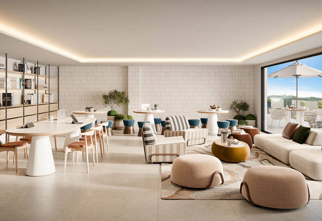 Living room and terrace of the development Soleil Marbella