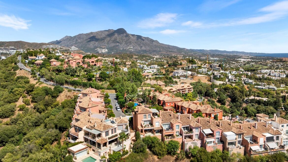 Aerial view of Monte Halcones townhouses with La Concha behind