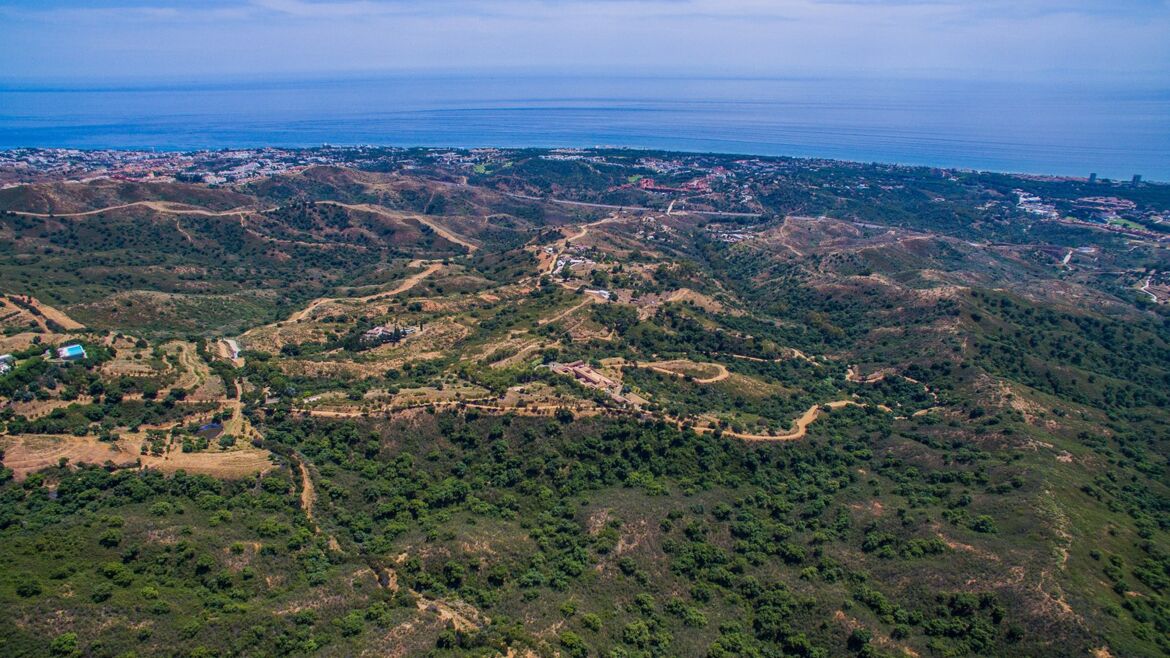Luftaufnahme der bewaldeten Hügel hinter Estepona, die bis ans Meer hinabreichen