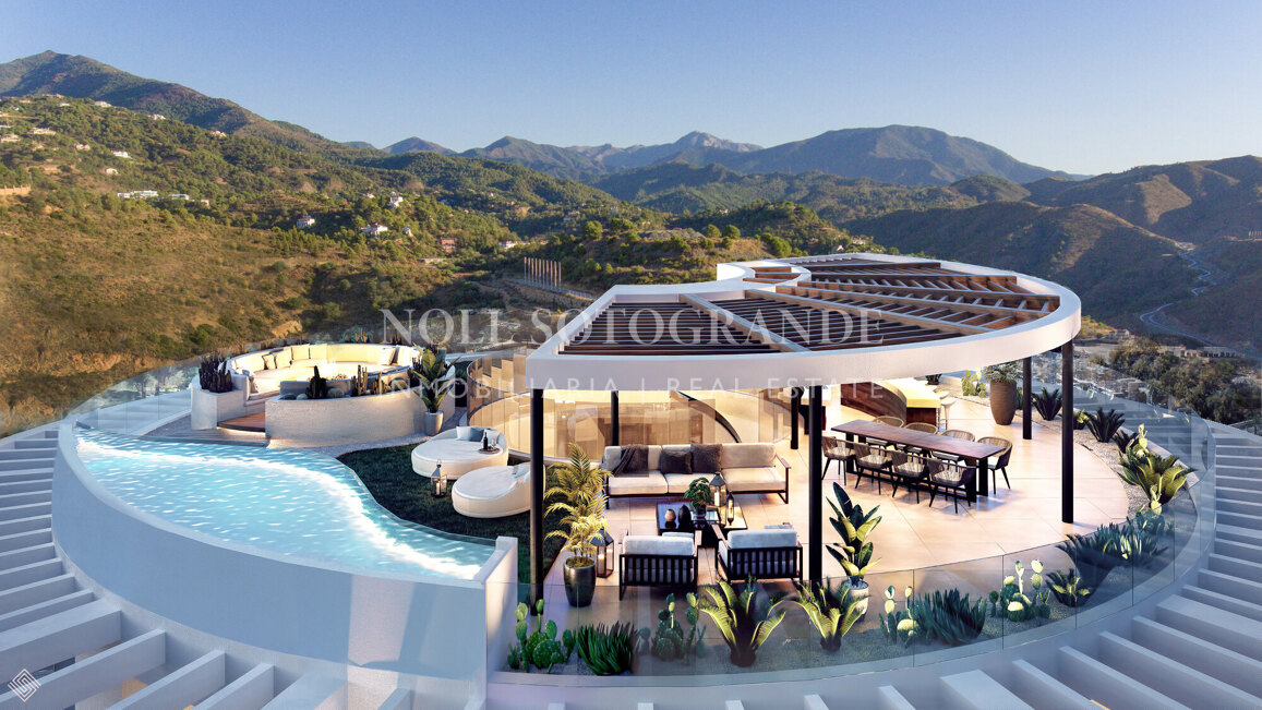 Atico a estrenar de 4 dormitorios con solarium, piscina privada y vistas abiertas al mar en Benahavis