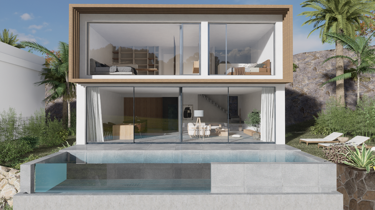 A meticulously designed new villa that embodies modern luxury, offers breathtaking views & privacy.