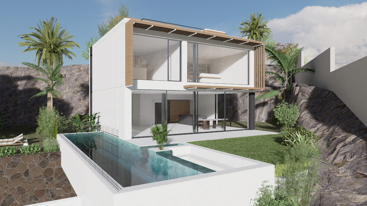 A meticulously designed new villa that embodies modern luxury, offers breathtaking views & privacy.