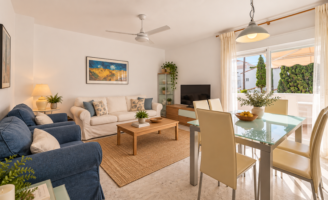 Entdecken Sie dieses helle und gepflegte Apartment mit zwei Schlafzimmern und zwei Badezimmern in Pueblo Mediterráneo, einer direkt am Strand...