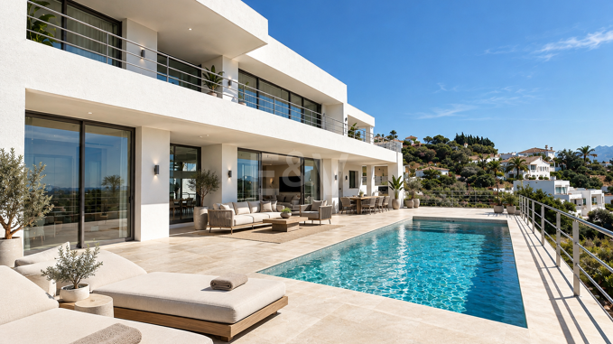 Zeitgenössische Neubauvilla mit Panoramablick aufs Meer in Los Arqueros