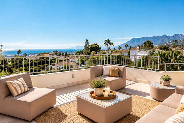 Villa contemporánea con vistas panorámicas al mar y a la montaña en El Rosario, Marbella Este