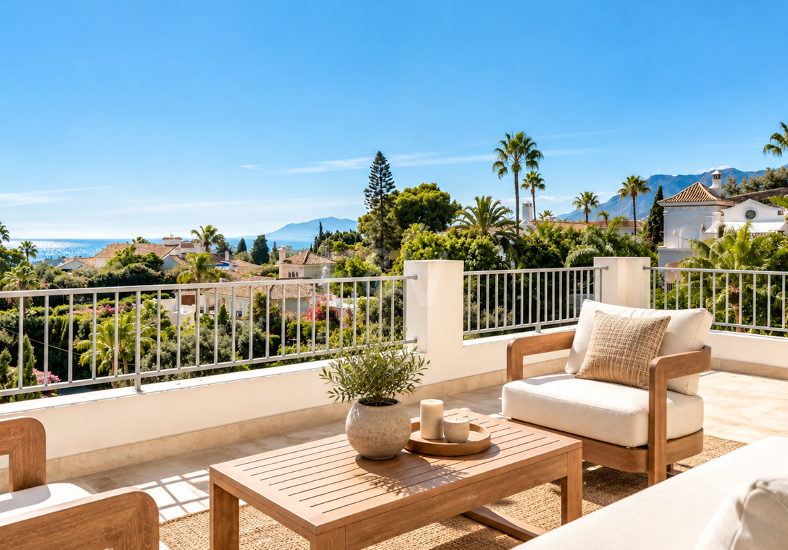 Villa contemporánea con vistas panorámicas al mar y a la montaña en El Rosario, Marbella Este