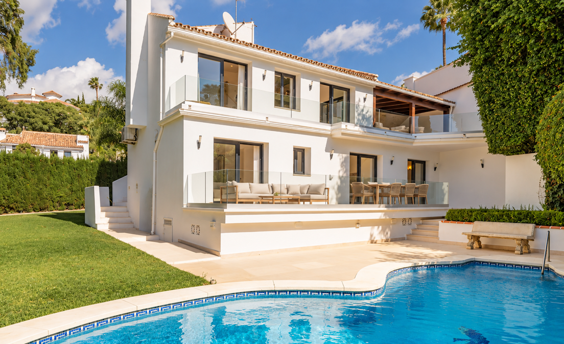 Beläget i det etablerade bostadsområdet El Rosario, Marbella, kombinerar denna renoverade villa samtida interiörer med en mogen trädgård, privat pool...