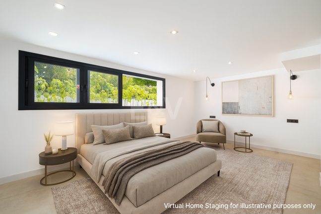 Villa elegante con piscina, jardín tropical y atractivo urbano