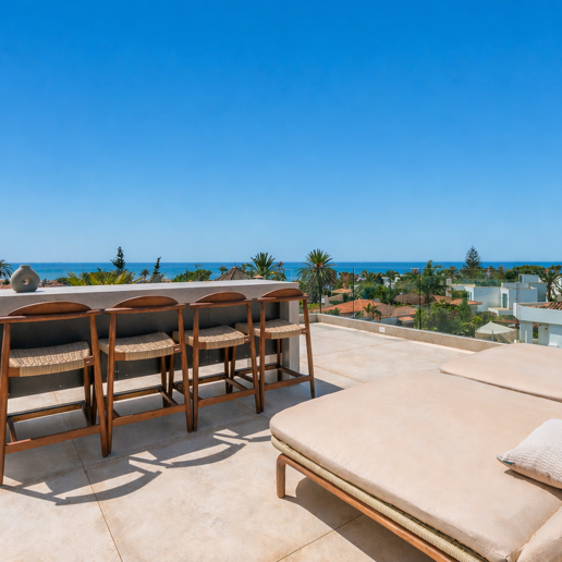 Villa junto a la playa con vistas al mar, solárium en azotea y zona de bienestar