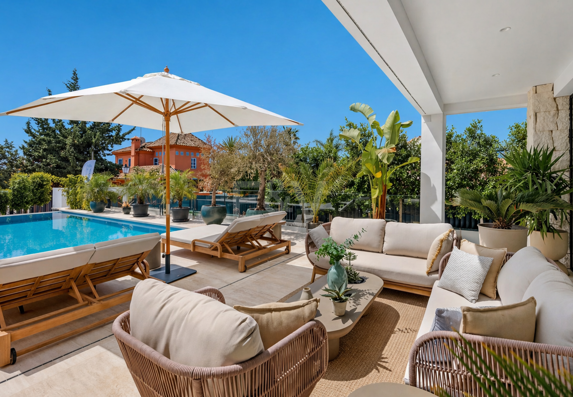 Villa junto a la playa con vistas al mar, solárium en azotea y zona de bienestar