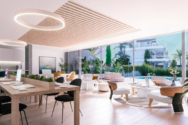 Moderno apartamento de estilo resort con vistas panorámicas al mar en Altos de Los Monteros
