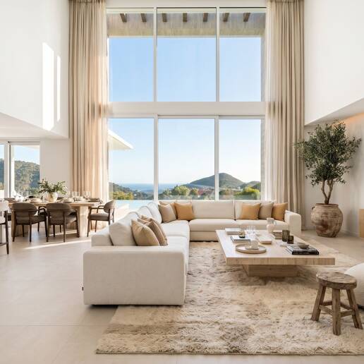 Villa de lujo con salón de doble altura, vistas panorámicas al mar y servicios de resort en Palo Alto, Marbella