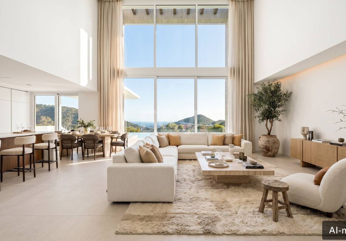Villa de lujo con salón de doble altura, vistas panorámicas al mar y servicios de resort en Palo Alto, Marbella