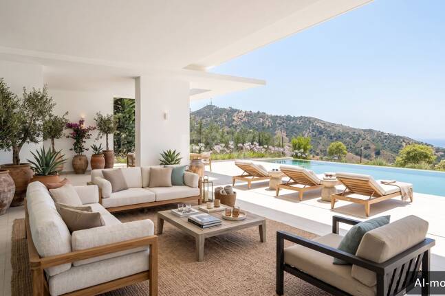 Villa de lujo con salón de doble altura, vistas panorámicas al mar y servicios de resort en Palo Alto, Marbella
