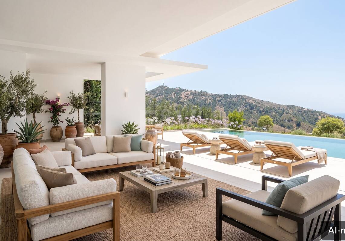 Villa de lujo con salón de doble altura, vistas panorámicas al mar y servicios de resort en Palo Alto, Marbella