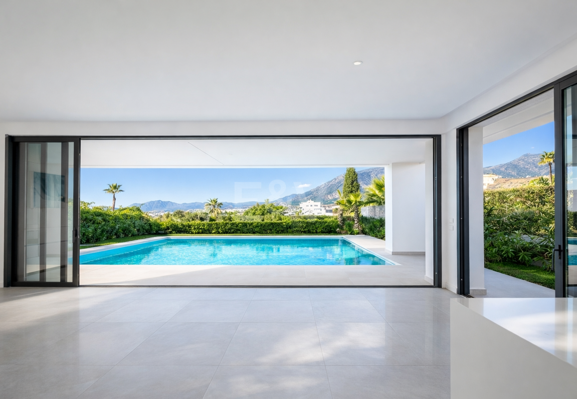 Ljus modern villa med utsikt över solnedgången nära Marbella stad