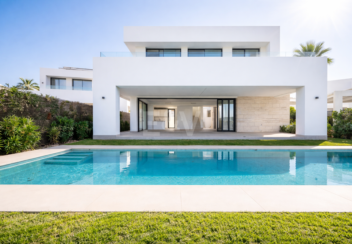Ljus modern villa med utsikt över solnedgången nära Marbella stad
