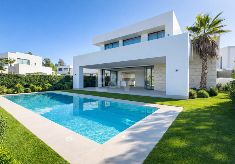 Ljus modern villa med utsikt över solnedgången nära Marbella stad
