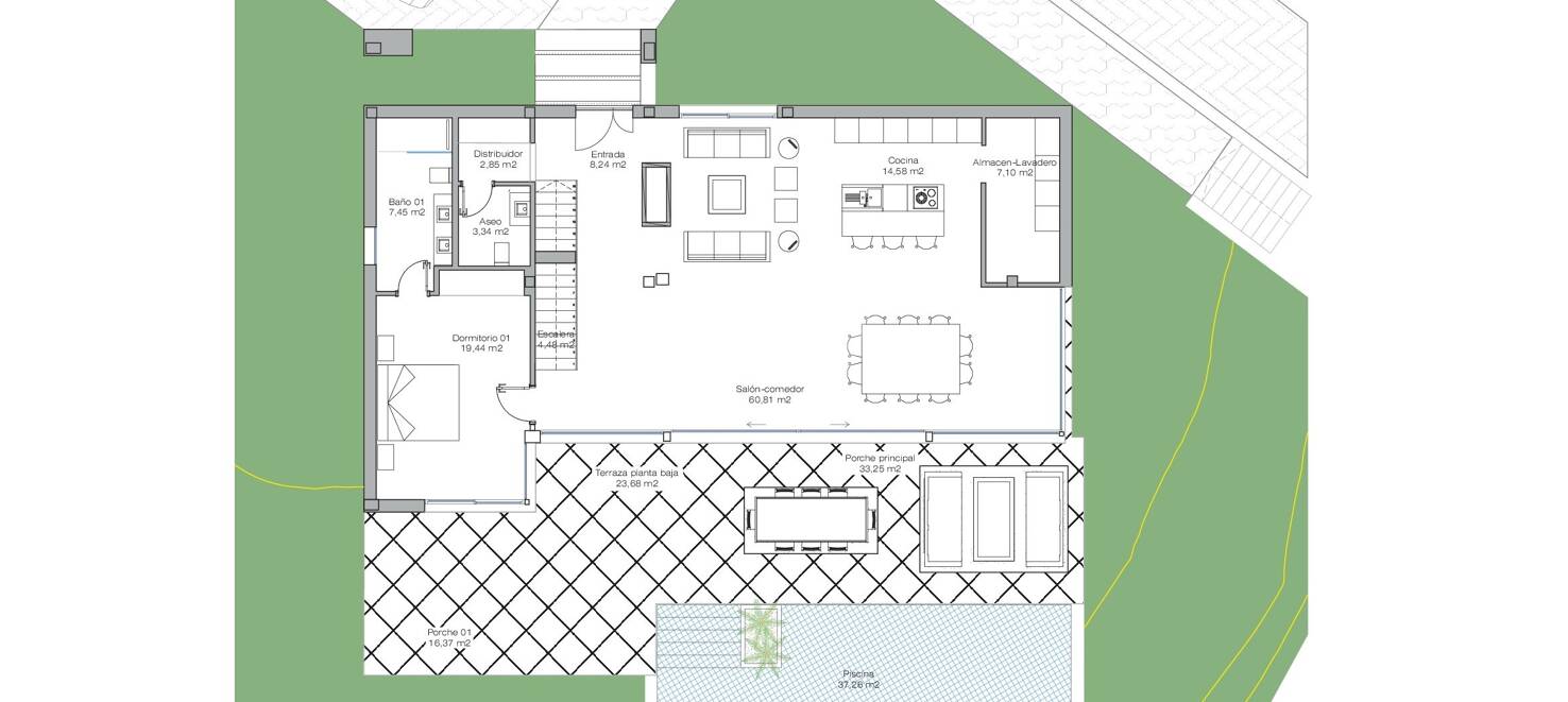 Villa chic sobre plano en parcela amplia con vistas panorámicas al mar